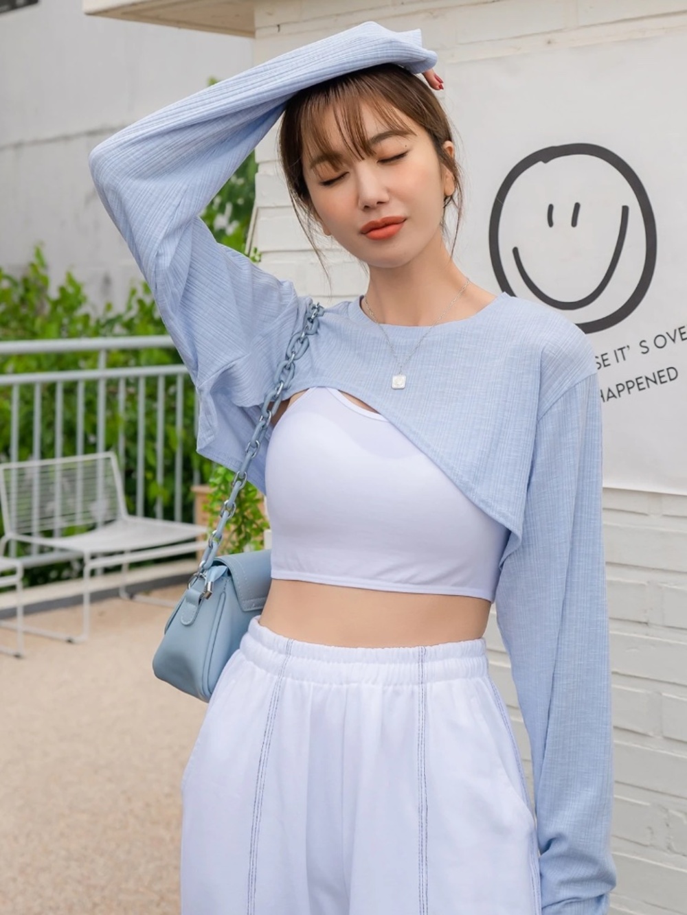 Asymmetrical Long Sleeve Crop Top Blue